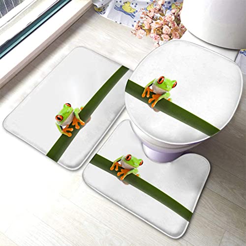 Badezimmerteppich-Set, 3-teilig, Baumfrosch auf einem Langen, schlanken Blatt, waschbarer Badteppich, rutschfest, mit Rückenpolster, Konturteppich und Toilettendeckelbezug