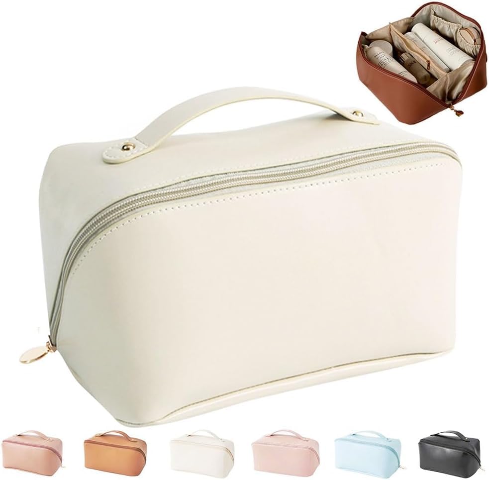 Image of Cosmetic Organizer Bag - Travel Makeup Bag, Large Capacity | Waterproof Portable & Spacious Pouch | Wide Opening | Divider and Handle (White)