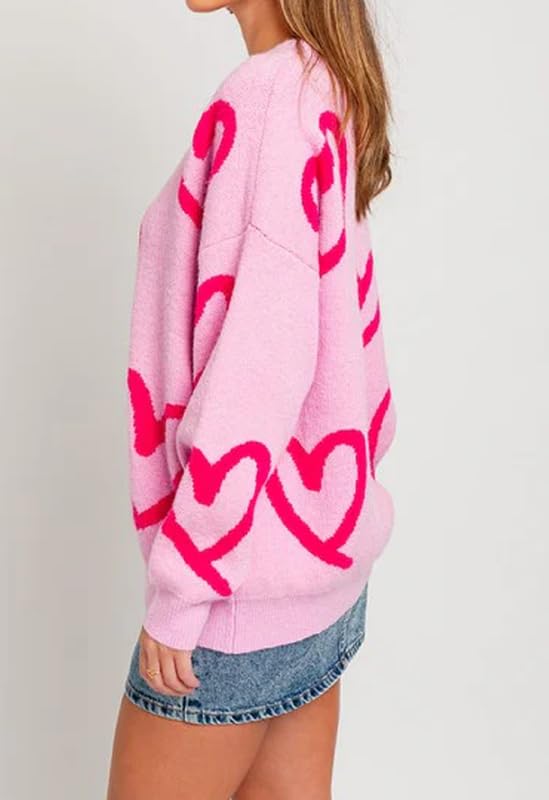 Image of Women Heart Print Knit Pullover Sweater Long Sleeve Round Neck Love Pattern Sweaters Trendy Valentine Knitted Sweater