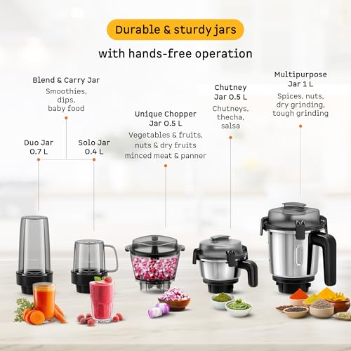 Image of Atomberg Zenova Flex Blender Mixer Grinder For Kitchen | Smart BLDC Motor | Grinds Like 1000 Watt | Coarse Mode for Silbatta Texture | 5 Jars With Chopper, Blend & Carry Jars | Hands-Free (Misty Teal)