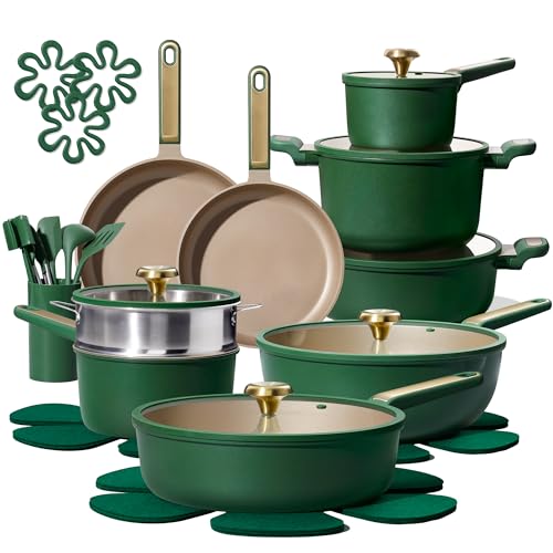 CAROTE Pots and Pans Set Non stick Cookware Set 31pcs NonStick Kitchen Set Induction Cookware Non-toxic Cooking Set Green