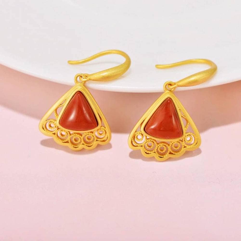 Ears925 Sterling Silver Gilt Craft Red Agate Fan-Shaped Hollow Pattern Female Earrings Elegant Simple Fashion Earrings/Scalloped Ladies Ears