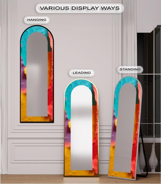 Specchio da pavimento astratto a forma di onde arcobaleno da 63,5 x 160 cm (larghezza x altezza), specchio da pavimento con cornice nera e cornice nera