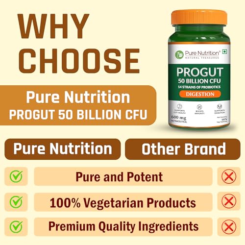 Image of Pure Nutrition Progut Probiotics Supplement 50 Billion CFU | Gut Health Supplements with Probiotic | Gut Cleanse with Prebiotics and Probiotics | Supports Digestive Health | Relief from Gas & Bloating - 60 Capsules
