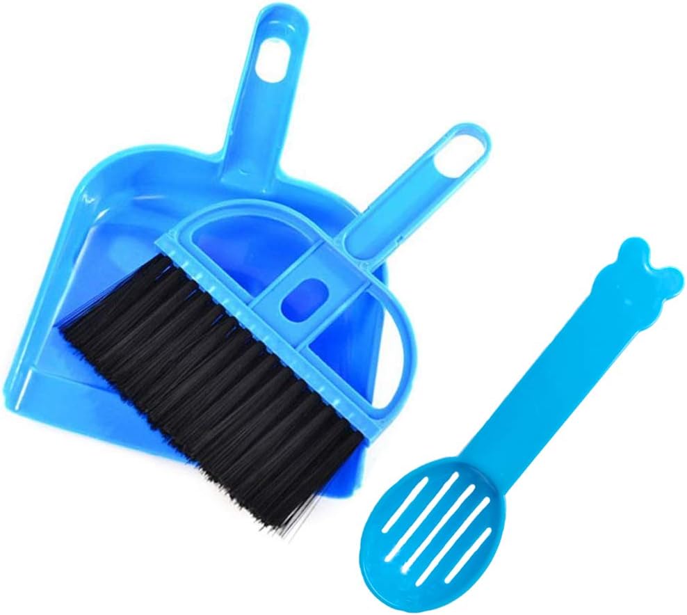 SEIS 3 Pack Hamster Mini Dustpan and Broom Set Guinea Pig Classical Besom Chinchillas Sweeper Cavy Cage Clean Hedgehogs Scooper for Small Animal (Blue)