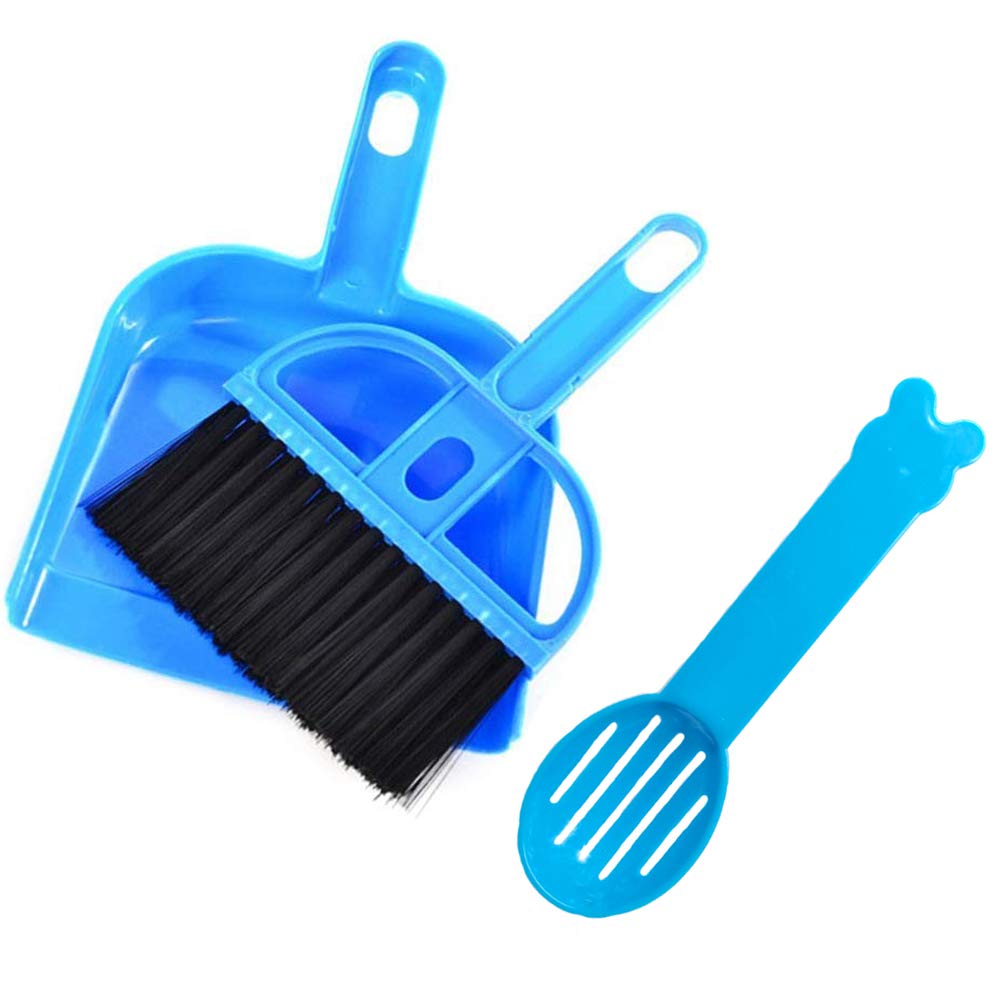 Yu-Xiang 3 Pack Hamster Mini Dustpan and Broom Set Guinea Pig Classical Besom Chinchillas Sweeper Cavy Cage Clean Hedgehogs Scooper for Small Animal (Blue)