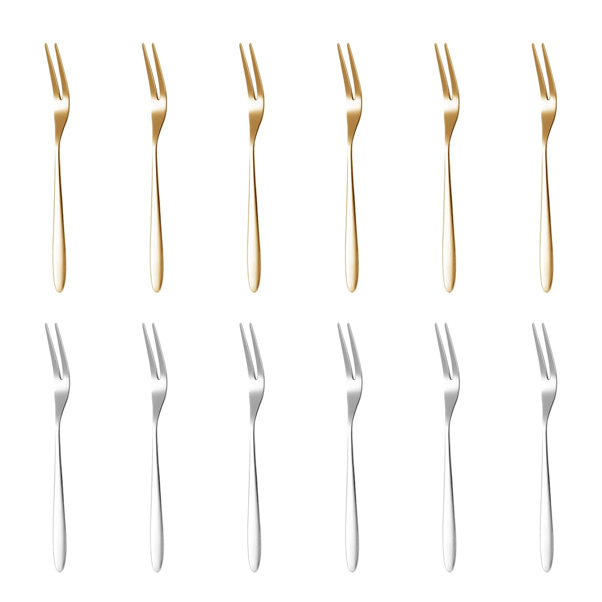Supvox® 12Pcs Fruit Fork Set - Stainless Steel Fruit Fork, Reusable Small Food-Grade Pastry Forks for Parties, Weddings & Home Use (Golden & Silver 5.1" )