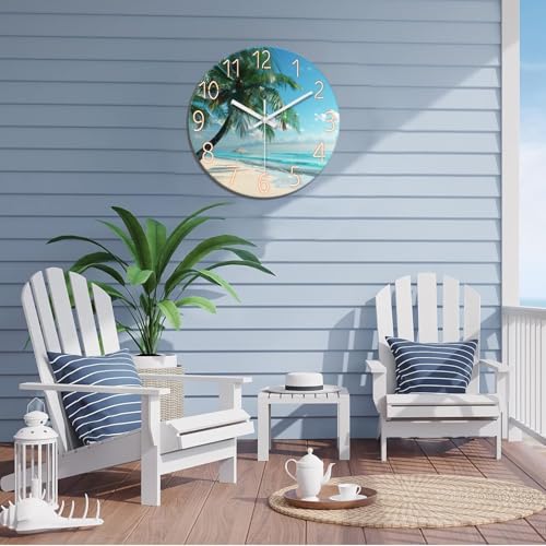 Image of XFM Large Blue Beach Wall Clock 20 Inch Coastal Theme | Silent Non-Ticking Battery Operated Modern Glass Tropical Palm Tree Decorative for Living Room Kitchen Bedroom Office