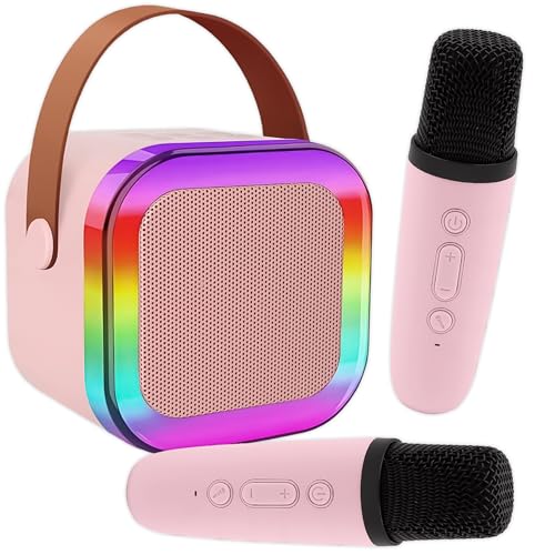 KRUMAD Bluetooth Lautsprecher mit 2 Mikrofon für Kinder, Karaoke Maschine, Spielzeug ab 3 Jahre, Musikbox mit LED Lichtern, Partybox Geschenk für Mädchen, Kabelloses Karaoke...