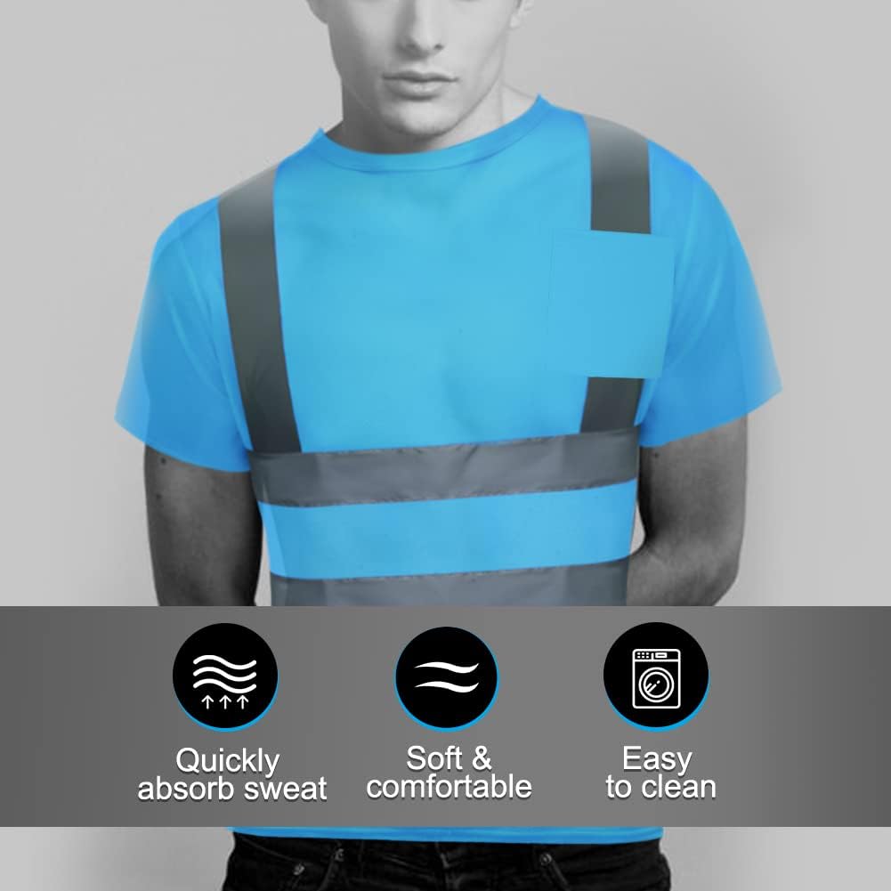 HYCOPROT High Vis Reflective T Shirt Short Sleeve Safety Mesh Quick Dry Shirts (Sky Blue-Pocket, Medium) - Image 4