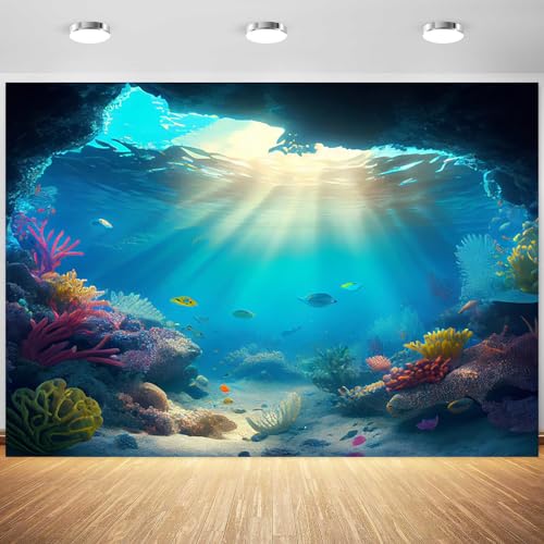 9x6ft Under The Sea Backdrop Underwater Blue Ocean Fish Coral Photography Background Kids Birthday Baby Shower Party Banner Cake Table Decorations Supplies Photo Booth Props