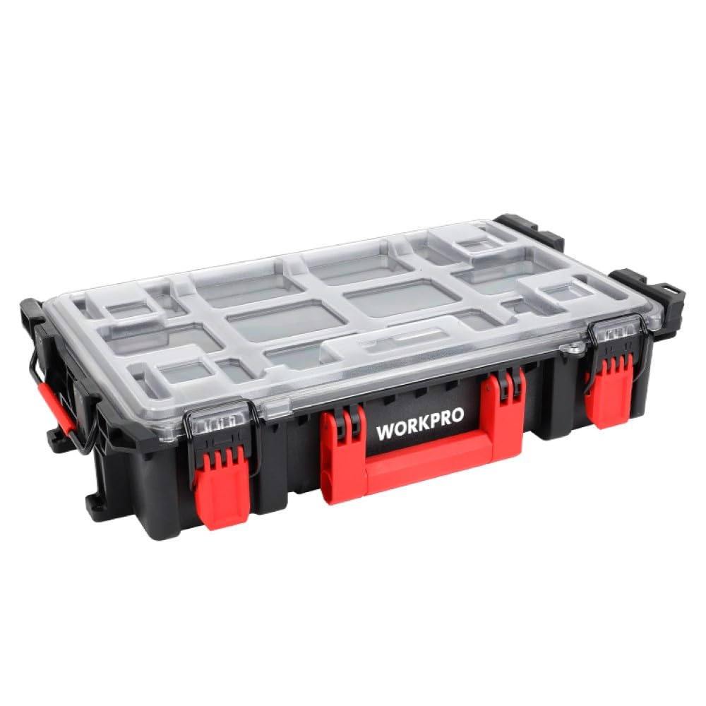 Workpro Profesyonel Organizer Takım Çantası, Şeffaf Kapaklı, 56x35x12.5cm, 25kg Taşıma Kapasiteli, 12 Bölmeli, İstiflenebilir, PP Malzeme