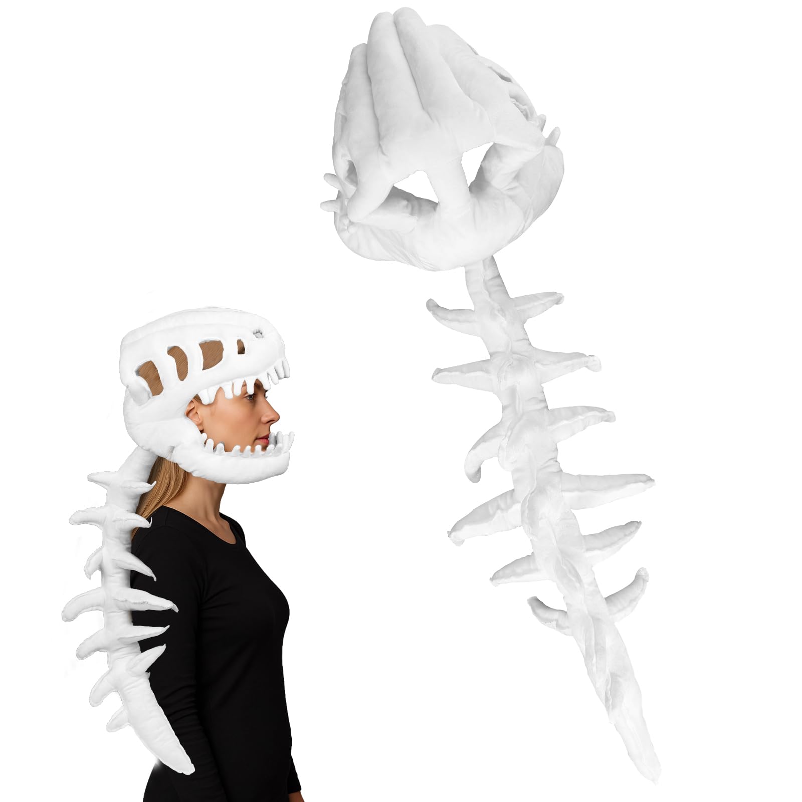 3D Dinosaur Skeleton Costume, Vivid Spine Extension & Skull Mask Wearable Outfit for Halloween Dino Cosplay