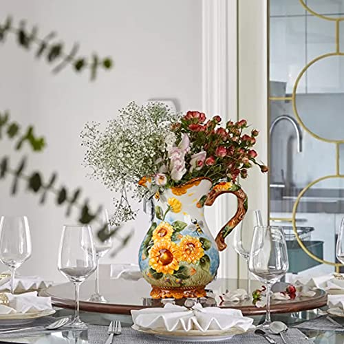 FORLONG Large Ceramic Water Pitcher Flower Vase, Hand-Painted Sunflower and Bee Home Decor Bouquet Holder-8.7H Inches FORLONG Large Ceramic Water Pitcher Flower Vase, Hand-Painted Sunflower and Bee Home Decor Bouquet Holder-8.7H Inches