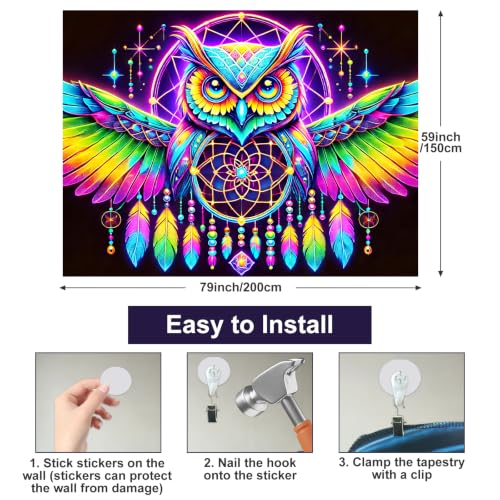 Image of BlissYard Owl Tapestry Blacklight Tapestry 79x59 Inch Trippy Wall Hanging | Trippy Decration with Uv Reactive Colors for Bedroom Dorm and Party Walls