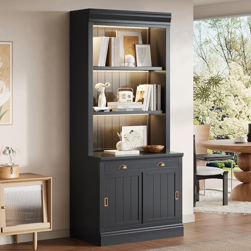 Image of 83.4 inch Tall Bookshelf with 3 Pieces LED Lighting, Modern Bookcase with Sliding Doors and Open Shelves,Storage Bookshelf for Living Room,Home Office,Black (Black)