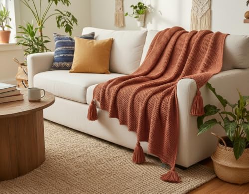 Image of Furnistitchs Plain Solid Knitted Sofa Throw Blanket 50x60 inches / 125x150 cms| Cotton Plain Knit with Tassels | Aesthetic Bohemian Decorative Couch Throws for Living Room & Bedroom (Rust)