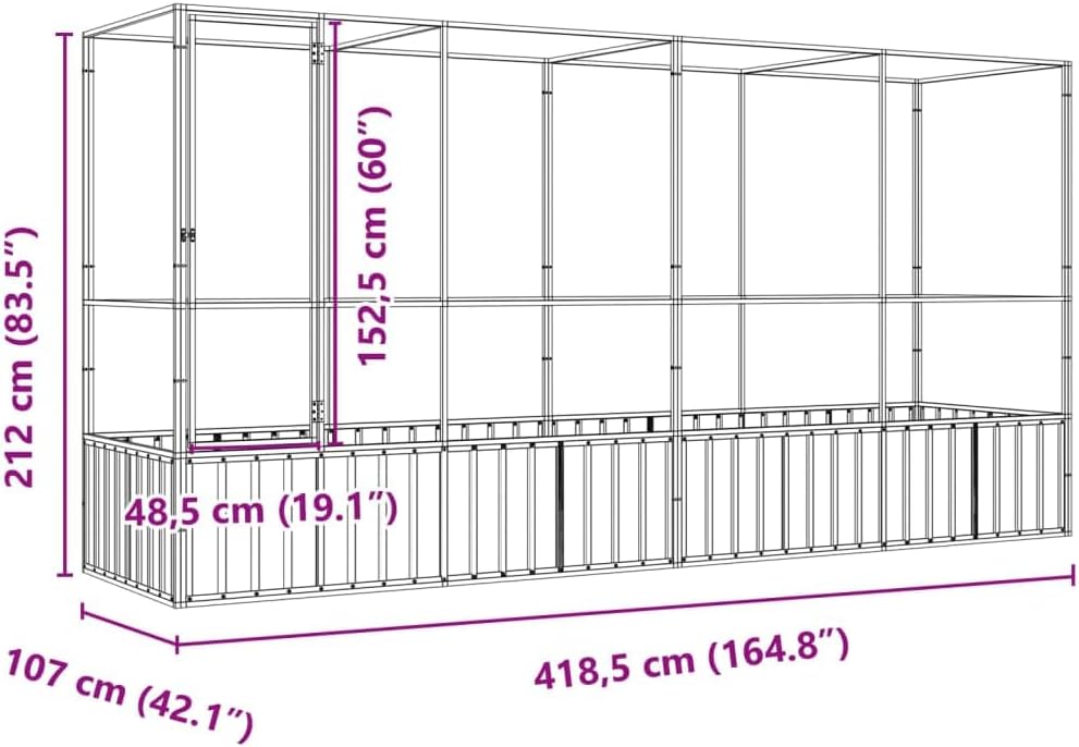 Diagram showing the dimensions of the vidaXL aviary: 164.8 inches wide, 42.1 inches deep, and 83.5 inches high. The door is 19.1 inches wide and 60 inches high.