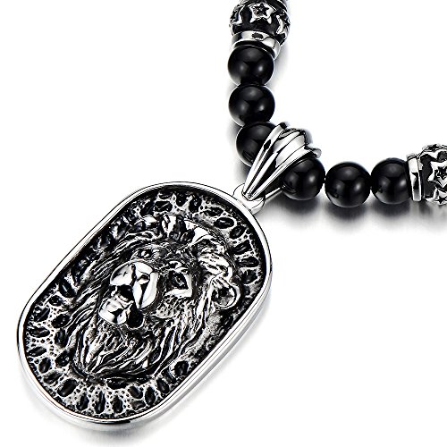Gothic style mens black onyx beads necklace with stainless steel …