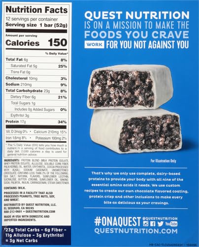 Image of Quest Nutrition Crispy Cookies & Cream Hero Protein Bar, 18g Protein, 1g Sugar, 3g Net Carb, Gluten Free, Protein Snack, Keto Friendly, 12 Count (Pack of 12)