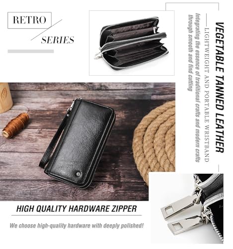 Image of Top Grain Genuine Leather Handheld Purse Wallet for Man & Woman, Classic Vintage Design, Fully Handmade, 2 Zipper Pockets & Multiple Slots, RFID Large Capacity for Daily /Business /Traveling /Gift, Black
