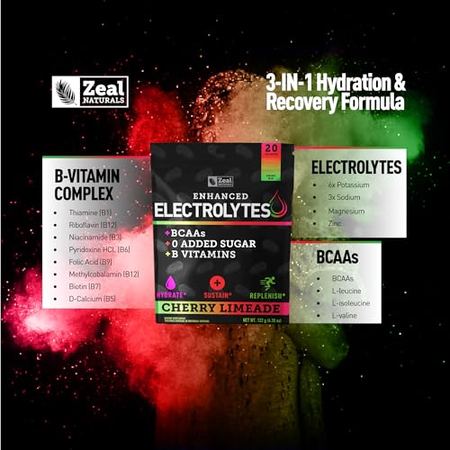 Image of Enhanced Electrolyte Powder Stick Packs (Cherry Limeade | 20 Packets) w / 0 Sugar +BCAAs +B-Vitamins Electrolyte Supplement w Potassium Zinc & Magnesium for Hydration - Keto Electrolytes