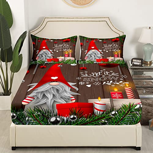 Christmas Gnome Bed Sheets Scandinavian Gnome Fitted Sheet,Red Xmas Ball Santa Claus Bedding Sets Pine Branch Snow Rustic Wood Plank Bed Set,Happy New Year Holiday Room Decor Queen #TOP2