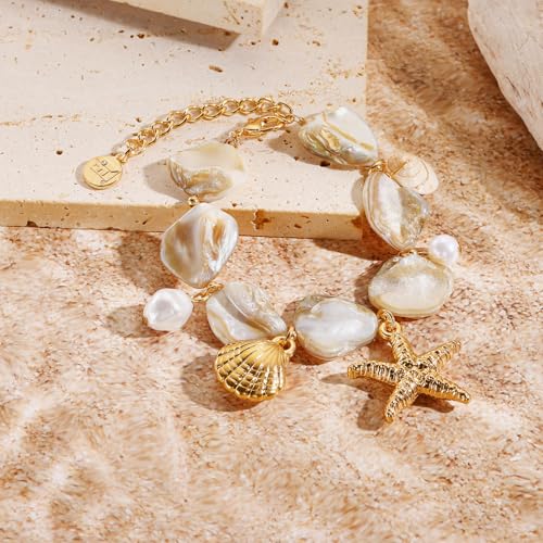 Firstmeet Natural Freshwater Shell Bracelet With Pearl Starfish Pendant Irregular Mother of Pearl Jewelry for Women4
