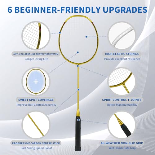 Image of Senston N80 Graphite Single Badminton Racquet Professional Carbon Fiber Badminton Racket, Carrying Bag Included Gold Color