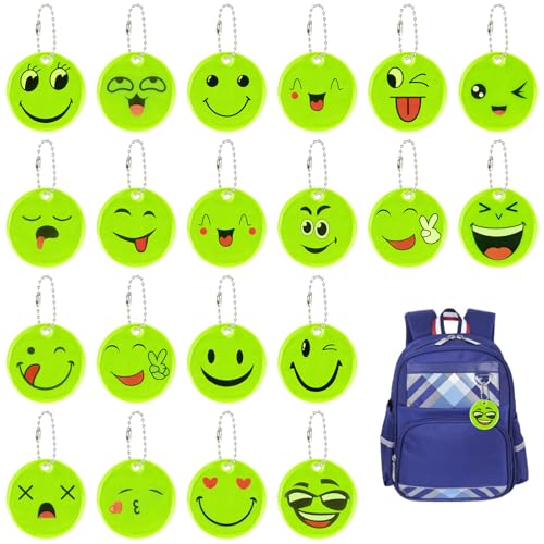 luckaide Reflektoren Kinder, 20 Stück Sicherheits Reflektor, Schlüsselanhänger Smiley Anhänger, Reflektor Anhänger Kinder für Schulranzen, Rucksäcke, Radfahren