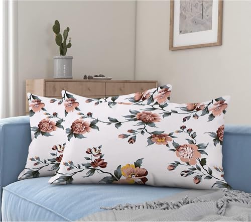 Image of la' amour Premium Cotton Elastic Fitted Bedsheets with 2 King Size Pillow Covers Double Bed with All Around Elastic Supersoft Size - 72 King Sizex78+10 inches White Green Leaf Abstract 200 tc - 220 tc