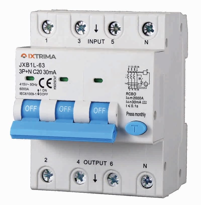 Interrupteur magnétothermique différentiel 3P+N 20A 30mA 380V-6KA Classe A 30mA pour rail DIN - 4 modules DIN - Protection circuit et sécurité installations