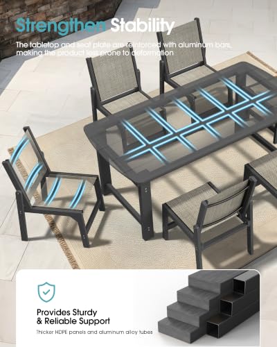 Image of Ciokea HDPE Outdoor Dining Set, Patio Table and 6 Stackable Chairs, Grey | All-Weather Furniture Set with 2 inch Umbrella Hole and Armless Chair. Breathable Teslin Fabric Suitable for Outdoor Leisure.