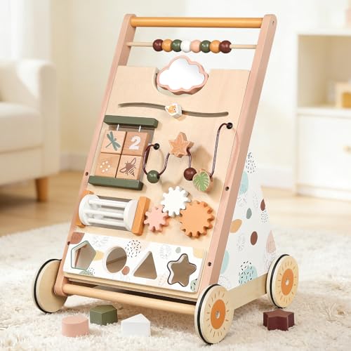 Image of Joyreal Wooden Push & Pull Toy Montessori Baby Activity Center for Toddlers | Adjustable Speed, 8-in-1 Baby Activity Cube, Shape Sorter, Sit-to-Stand, Christmas First Birthday Gifts, 12+ Months, Morandi