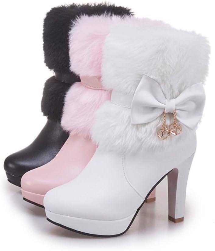 Rave Fur Boots Y2K for Women Heeled Faux Furry Fluffy Fuzzy Snow Winter Boots, Slip on Booties, Goth Emo Grunge Punk Cute Fashion Trendy, EDM Festivals Concert Parties Club, Christmas New Year for Her