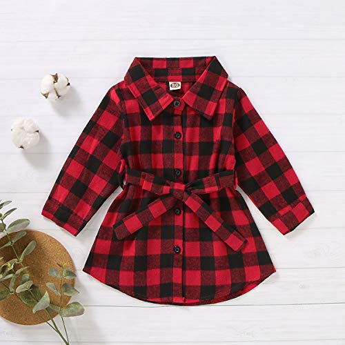 Kayotuas Toddler Kids Baby Girl Plaid Dress Long Sleeve Belted Botton Down Shirts Dresses Infant Fall Outfits3