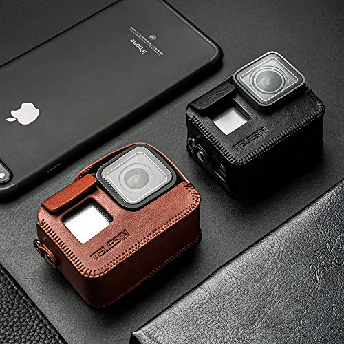Image of TELESIN PU Leather Case for GoPro Hero 8 for Hero 5 6 7 Black Frame Cover Mini Protector Black Brown with Long Strap Accessories (for Hero8, Black)