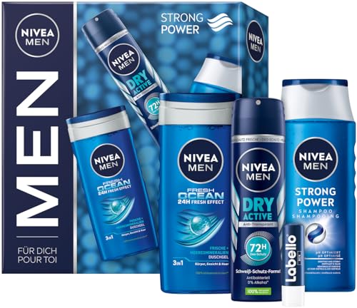 NIVEA MEN Strong Power Set de regalo, set de cuidado con productos de cuidado refrescante, caja de regalo con gel de ducha Fresh Ocean, desodorante seco activo, champú fuerte y cuidado labial Labello