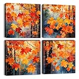 Fall Wall Art Maple Leaves Prints Canvas Decor Watercolor Aesthetic Red Yellow Plant Leaf Pictures for Living Room Bedroom Autumn Country Forest Painting Artwork Kitchen Home Decorations 20x20” 4 Pcs