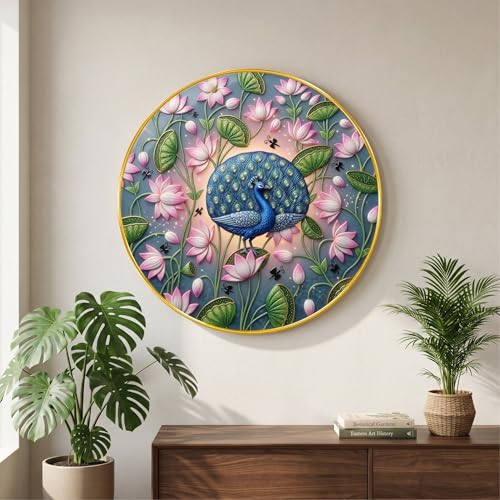 Image of SAF Peacock Lotus Wall Painting with Golden PVC Frame Round Floral Bird Art Modern Decorative Wall Decor for Living Room Bedroom Office Home Luxury Gift Item (23 x 23 Inch) GR-362