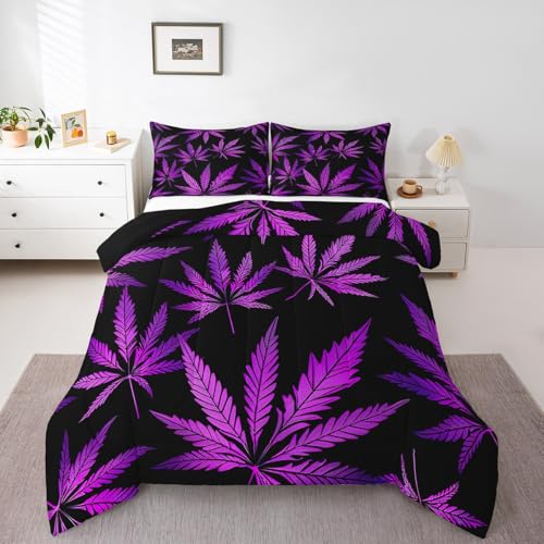 Image of Feelyou Marijuana Leaf Full Size Comforter Set Weed Leaf Botanical Black Purple Bedding Set for Kids Men Women Adults Cannabis Leaves Comforter Luxury Puple Hemp Quilt Set Room Decor 3Pcs