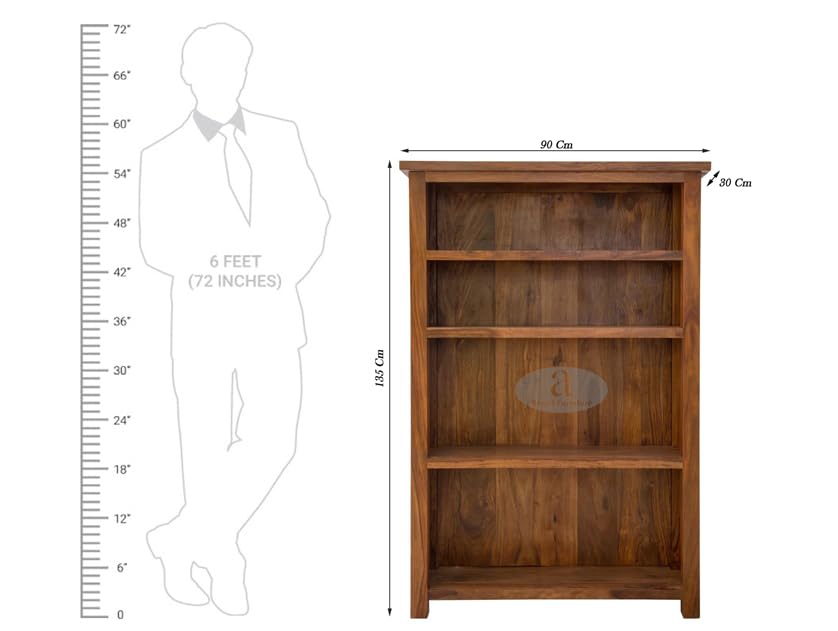Image of ANGEL FURNITURE Solid Sheesham Wood Antonio Large Bookshelf Large, Honey Finish, Semi-Gloss, 90x30x135CM