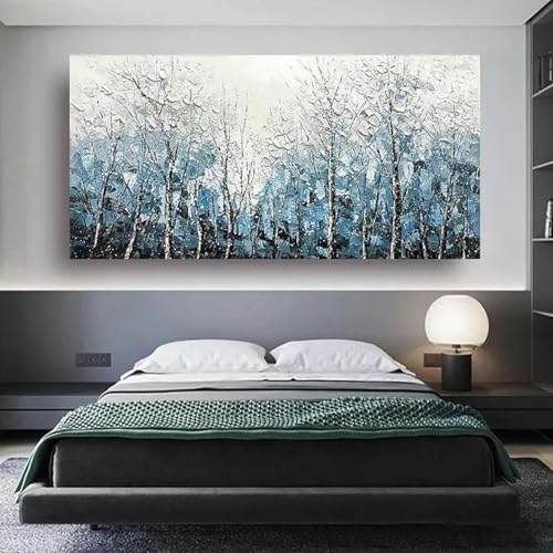 Peinture abstraite de forêt bleu et blanc, grande toile murale salon, affiche texturée 70x140