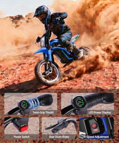 Image of ELEMARA Electric Dirt Bike,350W Motorcycle 24V Ride on Toy for Big Kids w /LED Power Display,15.5 mph & 150lb Max,3 Speeds,Chain-Driven Motor,Twist-Grip Throttle & Brake Lever,12 inch Air-Filled Tires-Blue
