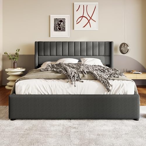 Skcess Stauraumbett Polsterbett Hydraulisch Doppelbett 180X200Cm, Lattenrost Aus Holz, Bett Mit Lattenrost Aus Metallrahmen, Leinen, Grau – Bild 8