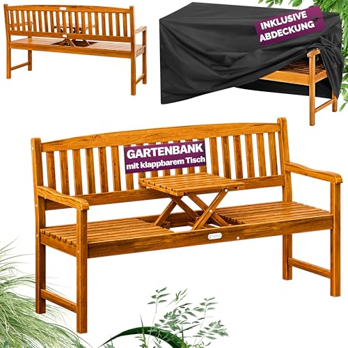 Casaria® Picknick-Gartenbank aus Holz mit Abdeckung, FSC®-zertifiziertes Eukalyptusholz, integrierter Klapptisch, für den Außenbereich,...