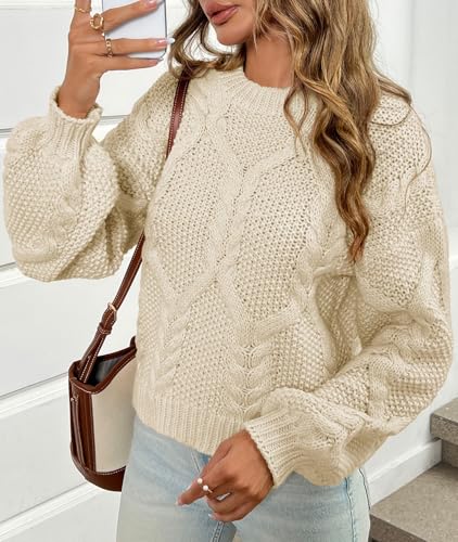 Saodimallsu Womens Cable Knit Cropped Sweater Fall Chunky Puff Long Sleeve Crewneck Loose Casual Pullover Tops4