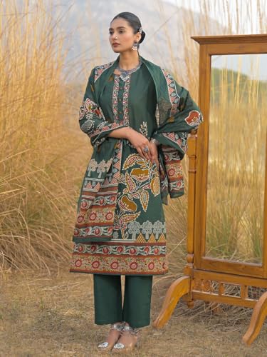 Image of INDO ERA Women's Green Pure Cotton Floral Printed Sequinned Kurta & Pant with Dupatta Set