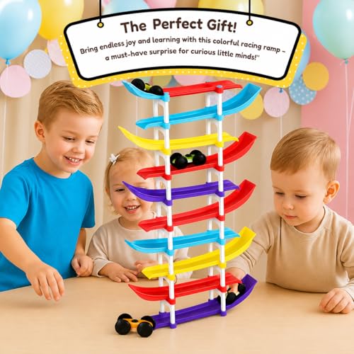 Image of 10-Level Car Ramp Racer Toy with 6 Cars - Rolling Track Toy for Kids Ages 2-7 | Birthday Gift for Boys & Girls | Educational & Fun Car Toy Set | Colorful Racing Action (10-Ramps & 6-Cars)