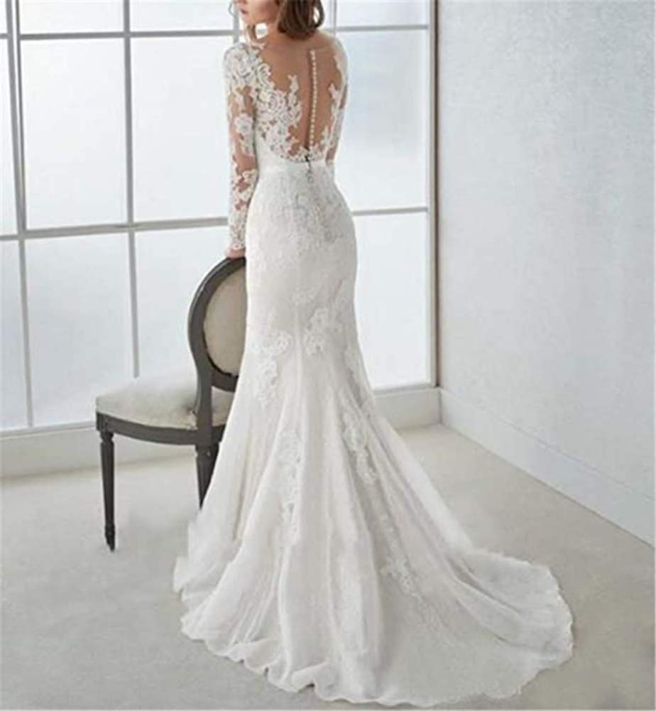 Abito da Sposa a V Sirena Maniche Lunghe Tulle Pizzo Applique delle Donne, Bianco